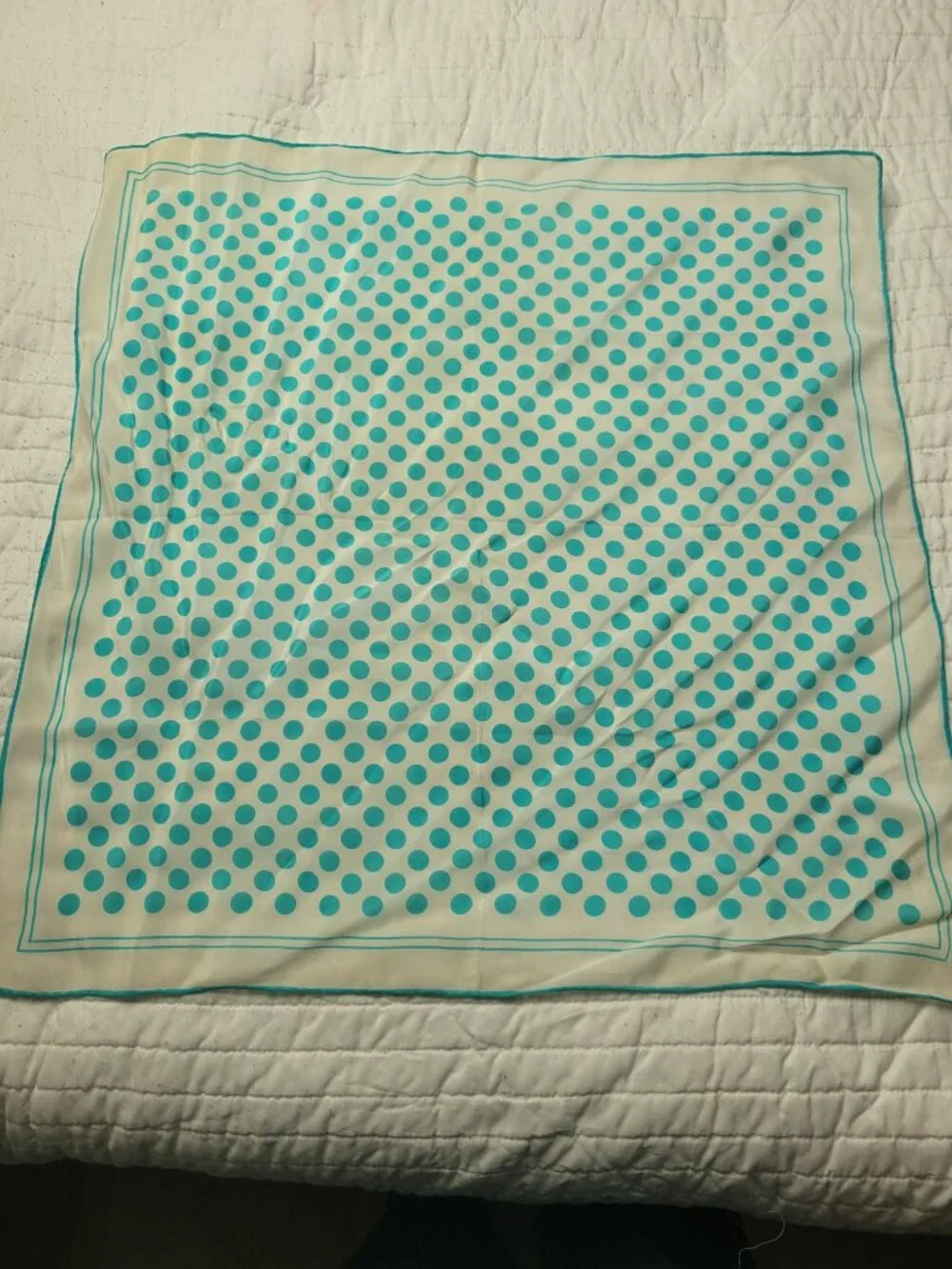 Vintage Silk Scarf Turquoise Polka Dot Ivory Bag Scarf 23x23